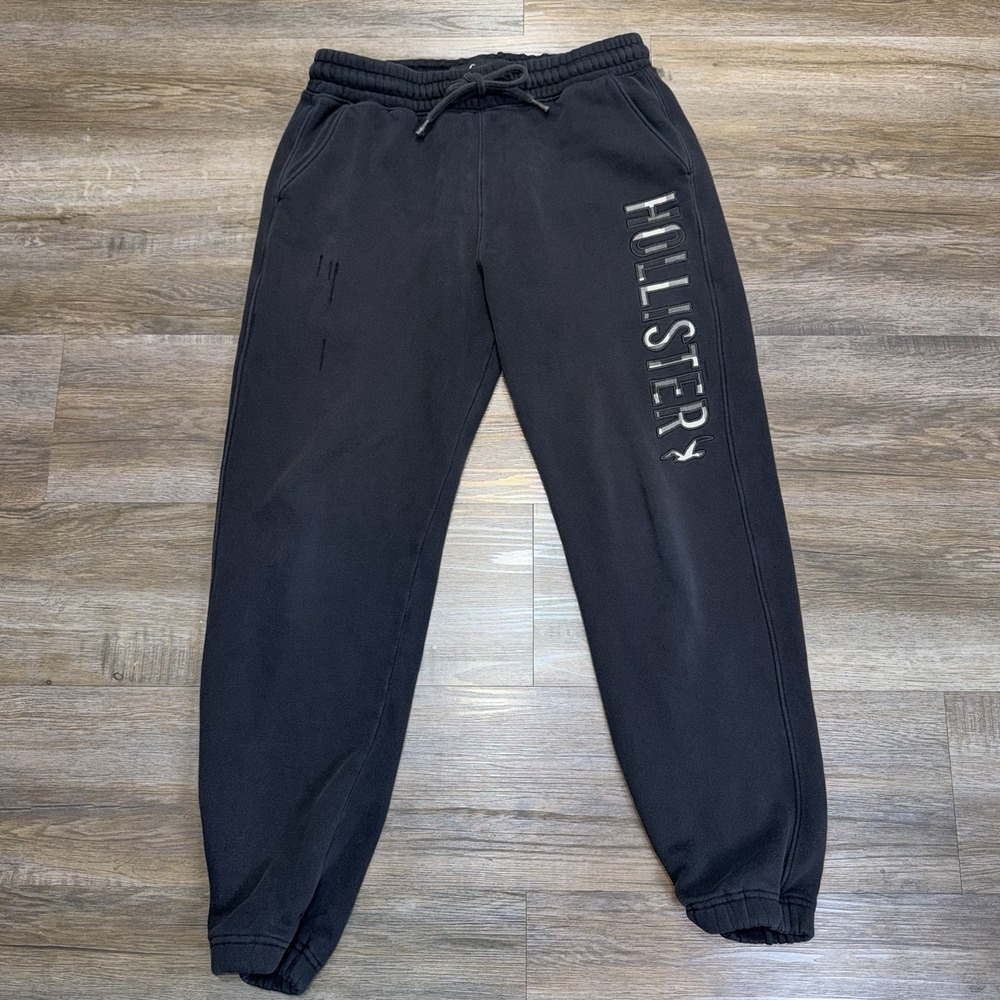 VTG Y2K Hollister Black Fleece Jogger Sweatpants Mens XS Spell-Out Logo